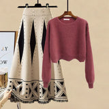 Women Autumn Winter Warm Knitted Two Pieces Sets Korean Long Sleeve Pullover Sweater Top And High Waist Skirts