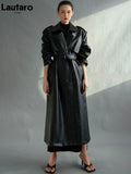 Autumn Extra Long Oversized Black Faux Leather Trench Coat for Women Long Sleeve Belt Double Breasted Loose Fashion