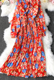 Autumn Bohemian Floral Pleated Long Dress Women Elegant Bow Collar Puff Sleeve Draped Chiffon Vestidos Female Party