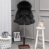 Large Natural Raccoon Fur Winter Jacket Women 90% White Duck Down Coats Thick Warm Parkas Sash Tie Up Short Snow