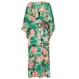 Green Bohemian Printed Self Belted Front Open Summer Beach Wear Bikini Wrap Dress Plus Size Women Beachwear Sarongs