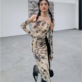 Handwriting Designer Bodycon Halter Neck Dress For Women 2022 High Fashion Patchwork Long Drawstring Slit Dress