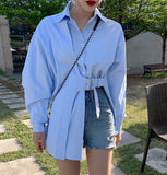 Fall 2020 Women Long Sleeve Blouse Blue Button Up Collar Korean Shirt With Belt Causal Top Fashion