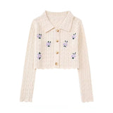 Fashion Woman Sweaters Embroidered Cropped Knitted Sweater Vintage Cute Peter Pan Collar Female Pullovers Chic