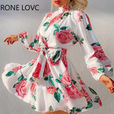 Women High Neck Long Sleeves Rose Print Ruffles Hem Dress Elegant Fashion Chic