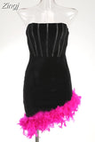 Strapless Backless Lace-up Feathers Dress Women Black Velet Feather Design Badycon Mini Dress Evening Catwalk Party