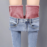 Jeans Pants For Women Plus Size Winter Blue Light blue Solid Skinny Fleeces Thick Pencil Pants with Velvet Denim