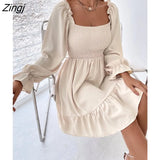 Fashion Women A-line Dresses 2021 Fall New Solid Hedging Square Collar Ruffle Sleev High Waist Folds Backless Midi