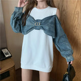 Spring Fake Two Pieces Sweatershirt Bowknot Demin Patchwork Hoodies Long Sleeve Strapless Women Top