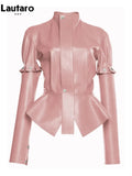 Spring Autumn Short Stylish Chic Pink Shiny Reflective Patent Pu Leather Jacket Women with Detachable Long Sleeves