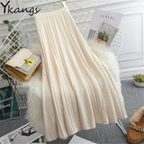 New Thicken Women'S Knitted A-Line Pleated Skirt Elegant Autumn Winter Warm Solid Color High Waist Warm Long Skirts