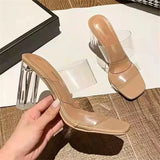 women 2022 new summer net red one word with thick heel slippers women wear crystal transparent high heels