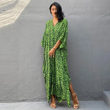Leopard Self Belted Side Split Summer Beach Dress Long Tunic Women Clothes Plus Size Beachwear Maxi Dress