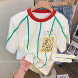 Wide Striped Contrast Color Face Appliques T Shirts Y2k Top Women Kawaii Street Summer Tee O-neck Casual Korean