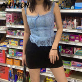 Y2K Vintage Cute Black Lace Bustier Top Egirl Streetwear Backless Spaghetti Strap Cropped Tanks Sexy Outfits