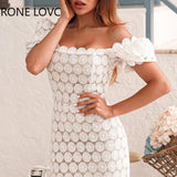 Women Elegant Solid Square Collar Short Lantern Sleeves A-line Three-dimensional Disty Floral Pattern Formal Party White