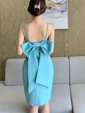 Daily Elegant Solid Mini Bodycon Slim Dresses Women Clothes Fashion Sleeveless Sexy Backless Bow Skinny Dress