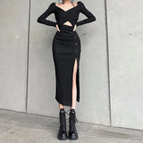 SUCHCUTE Sexy Cross Hollow Out Long Dress For Women Gothic Split Aesthetic Streetwear Lady Casual Bodycon Dresses Party