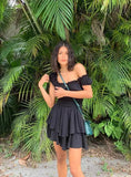 Queens Women Solid Sleeveless Beach Irregular Ruffles Bohemian Mini Dress Ladies Slash Neck Boho Sundress