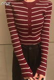 Striped Women Pullover Sweater Fashion Button Long Sleeve Knitted Slim Korean Jumper Causal High Elastic Ladies