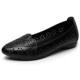 Breathable Genuine Leather Summer Shoes Woman 2021 Flat Heel Hollow Out Flats Slip On Shoes For Women