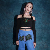 Gothic Off Shoulder T-shirts Solid Embroidery Front Long Sleeve Ruffle Hem Crop Tops Fashion Spring E girl Tees