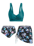 Butterfly Flower Print Cinched Padded Three Piece Tankini Women Swimsuit High Waisted Bathing Suits Beach Wear
