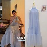 Elegant Women's Summer Fashion 2023 New Sleeveless Strapless Bowknot Blue Long Skirt Kawaii Vest Prom