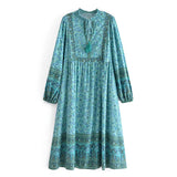 Queens Women Green Floral Print Beach Long Bohemian Dresses Robe Ladies Summer Rayon Cotton Midi Dress