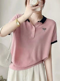 Collared Thorned Bow Embroidered Short-Sleeved T-Shirt Girl's Small Fragrant Wind Age Relaxed Temperament Ice Silk Knitted Shirt