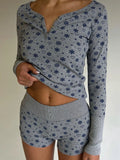 Women Spring Summer Outfit Sets Long Sleeve V Neck Floral Tops + Elastic Band Button Shorts Harajuku Retro Pjs