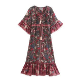 Queens Women Floral Print Batwing Sleeve Rayon Bohemian Dresses Ladies V Neck Tassel Boho Pleated Maxi