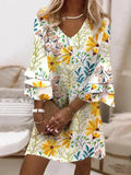 New Casual Office Women Pullover Dress Summer V-Neck Ruffle Sleeve Mini Dress Ladies Fashion Printed Loose A-Line