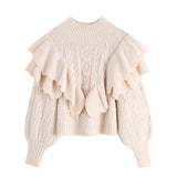 2021 Woman Sweaters High Collar Vintage Ruffled Pullover Women Sweet Lanten Sleeve Cable-knit Twist Winter Pull
