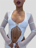 Women Summer Mesh Sheer T-shirts Tops Sexy V-neck Front Tie-Up T-shirts Female Flare Long Sleeve Tees Shirts