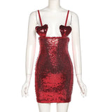 Fashion Women's Black Red Hollow Out Heart Shape Package Hip Mini Party Night Club Dress Girls Sexy Backless Sequins