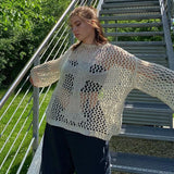 2022 Hollow Out Long Sleeve T Shirts Oversized O Neck Y2K Summer See Through Black 90s Vintage Beach Sexy Tops