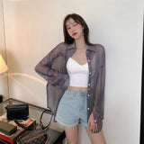 Transparent Blouse Summer 2021 Long Sleeve White Pink Green Button Up Shirts Women Y2k Korean Fashion Cardigan Sheer