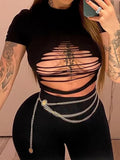 Hollow Out Sexy Black T-Shirts Solid Slim Short Sleeve Basic Crop Tops Women Summer 2023 New Street Style Tees
