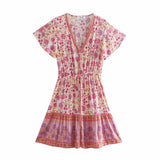 Queens Women Floral Print Short Sleeve V-neck Front Button Beach Bohemian Sundress Tassel Rayon Mini Dress