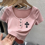 Square Collar Crop Tops Black Cross Appliques Solid T Shirts Skinny Basic Office Lady Streetwear Summer Casual Korean