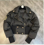 Winter Fashion Design Women Turn Down Collar Long Sleeve Double Breasted Slim Waist Rhinestone Cotton-padded Parka