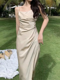 Women Summer Backless Elegant Sexy Strap Split Satin Dress Female Sleeveless Camisole Vestidos Beach