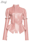 Spring Autumn Short Stylish Chic Pink Shiny Reflective Patent Pu Leather Jacket Women with Detachable Long Sleeves