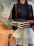Lace Striped Bow Long Sleeved Top- Outfit