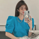 Cool Chain Puff Sleeve Rose Red Solid T Shirts Elegant Fashion Office Lady Loose Summer Large 2XL O-neck Tops