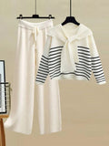 Winter Knitwear Two Piece Sets For Women Outfits Korean Casual Striped Knitted Sweater And Wide Leg Knitting Pants