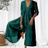 Women Cotton Linen Solid Loose Playsuit Overalls Casual 3/4 Sleeve Offcie Lady Rompers Spring Vintage V Neck Wide Leg