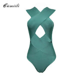 2022 Women Summer Sexy Solid Sleeeveless Off Shoulder Hollow Out Bodycon Rompers Nightclub Bandage Bodysuits