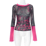 Women's Summer Y2K Vintage Sheer See-through Slim Tops Long Sleeve Round Neck Pattern Print Mesh Patchwork